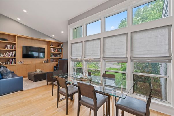 Dining room, Interior, Living room, Recessed Lighting, Wood Texture Flooring