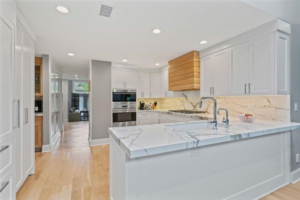 Interior, Kitchen, Recessed Lighting, Stainless Steel Appliances, Wood Texture Flooring