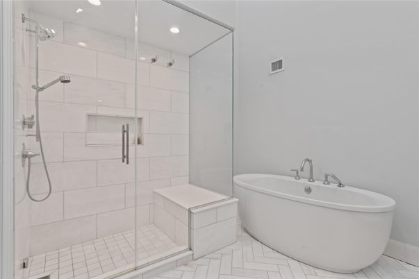 Bathroom, Free Standing Baths, Glass Shower, Interior, Recessed Lighting