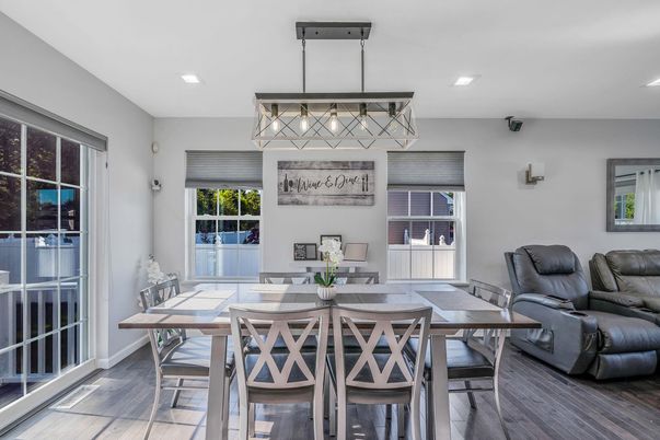 Dining room, Interior, Pendant Lights, Recessed Lighting, Wood Texture Flooring