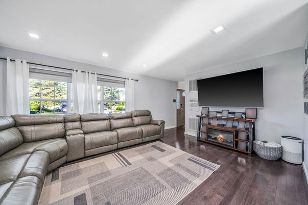 Fireplace, Interior, Living room, Recessed Lighting, Wood Texture Flooring