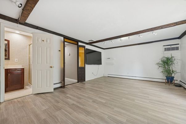 Bathroom, Empty room, Interior, Recessed Lighting, Wood Texture Flooring