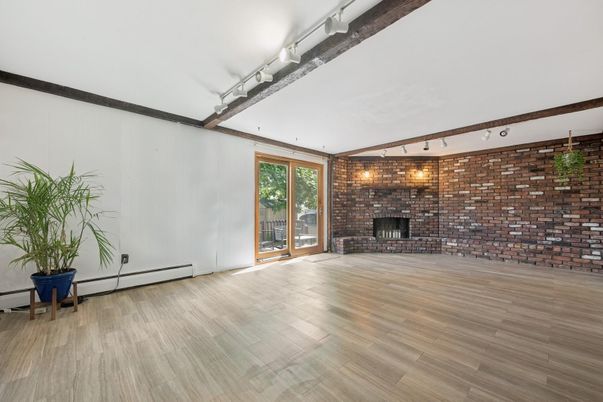 Empty room, Fireplace, Interior, Stone Walls, Wood Texture Flooring