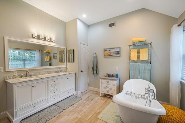 Bathroom, Dual Sink Vanities, Free Standing Baths, Interior, Recessed Lighting, Wood Texture Flooring