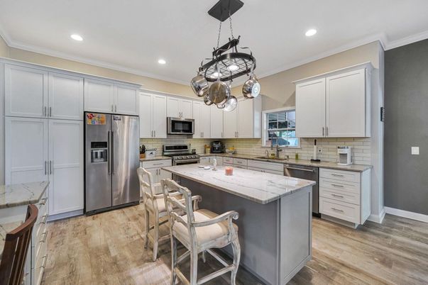 Interior, Kitchen, Pendant Lights, Recessed Lighting, Stainless Steel Appliances, Wood Texture Flooring