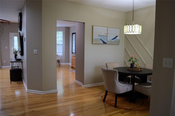 Dining room, Interior, Pendant Lights, Wood Texture Flooring