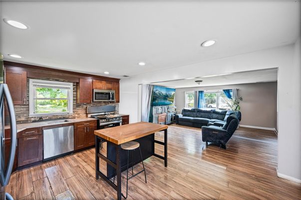 Interior, Kitchen, Living room, Recessed Lighting, Stainless Steel Appliances, Wood Texture Flooring