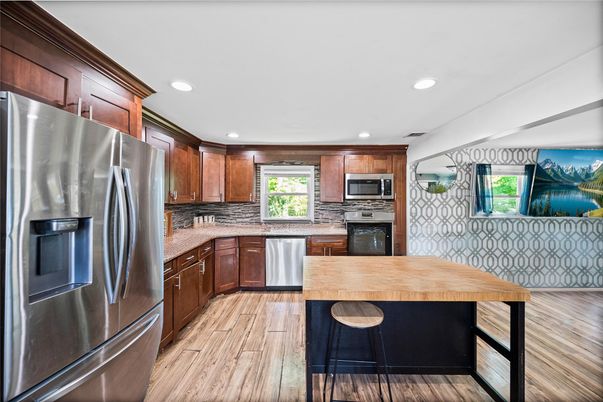 Interior, Kitchen, Recessed Lighting, Stainless Steel Appliances, Wood Texture Flooring