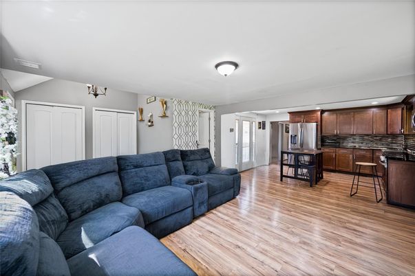 Interior, Kitchen, Living room, Stainless Steel Appliances, Wood Texture Flooring