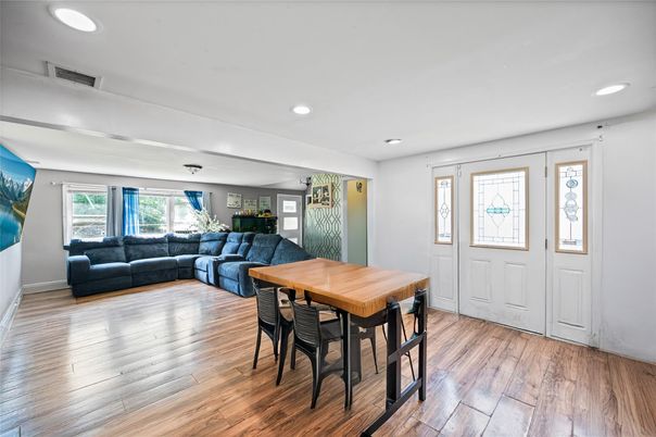 Dining room, Interior, Living room, Recessed Lighting, Wood Texture Flooring