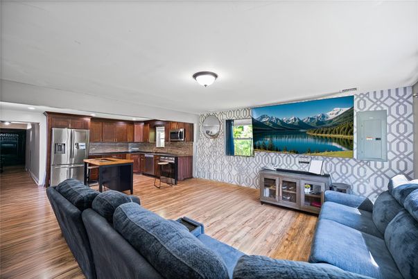 Interior, Kitchen, Living room, Stainless Steel Appliances, Wood Texture Flooring