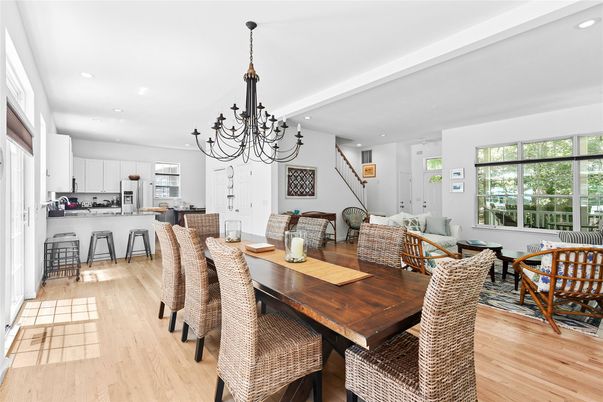 Chandelier, Dining room, Interior, Kitchen, Pendant Lights, Recessed Lighting, Stainless Steel Appliances, Wood Texture Flooring
