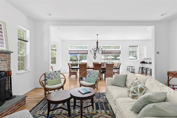 Chandelier, Dining room, Fireplace, Interior, Living room, Recessed Lighting, Wood Texture Flooring