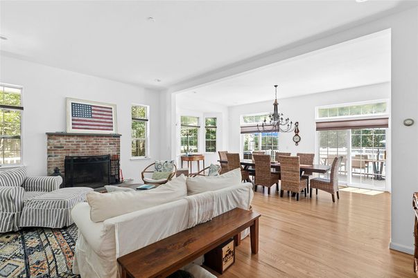 Dining room, Fireplace, Interior, Living room, Pendant Lights, Wood Texture Flooring