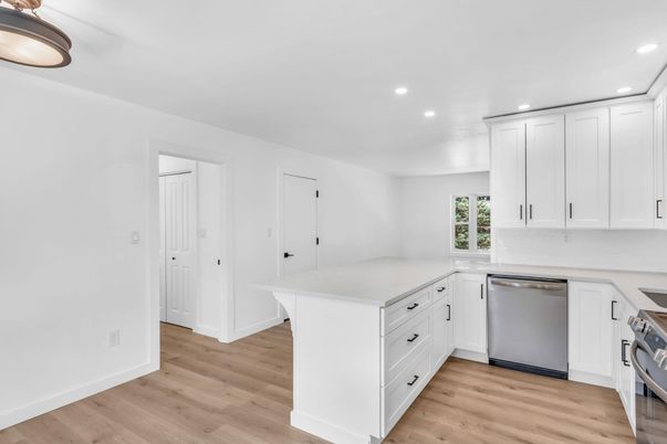 Interior, Kitchen, Recessed Lighting, Wood Texture Flooring