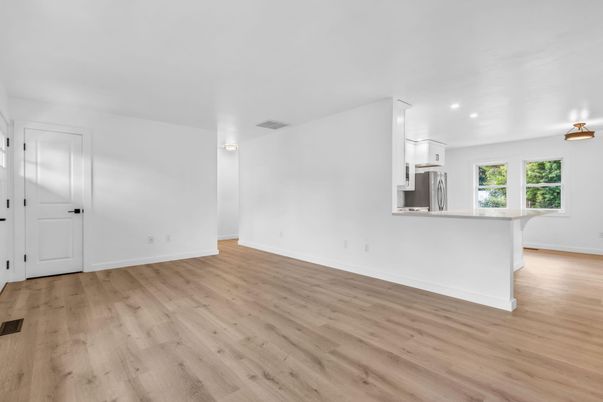 Empty room, Interior, Kitchen, Recessed Lighting, Wood Texture Flooring