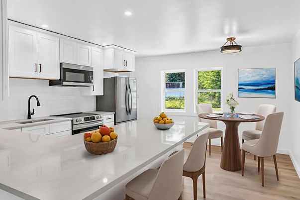 Dining room, Interior, Kitchen, Recessed Lighting, Stainless Steel Appliances, Wood Texture Flooring