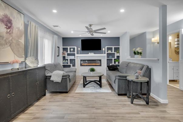 Fireplace, Interior, Living room, Recessed Lighting, Wood Texture Flooring