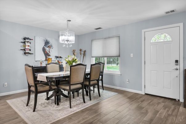 Chandelier, Dining room, Interior, Wood Texture Flooring