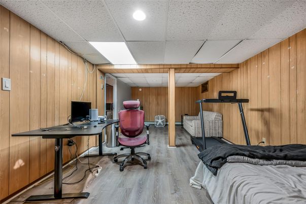 Home Office, Interior, Recessed Lighting, Wood Texture Flooring, Wooden Walls