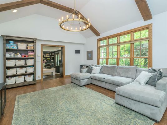 Chandelier, Interior, Living room, Recessed Lighting, Wooden Beams, Wood Texture Flooring