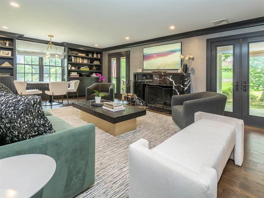 Dining room, Fireplace, Interior, Living room, Pendant Lights, Recessed Lighting, Wood Texture Flooring