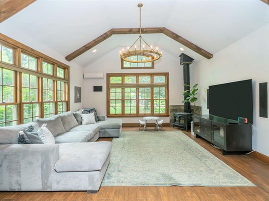 Chandelier, Fireplace, Interior, Living room, Recessed Lighting, Wooden Beams, Wood Texture Flooring