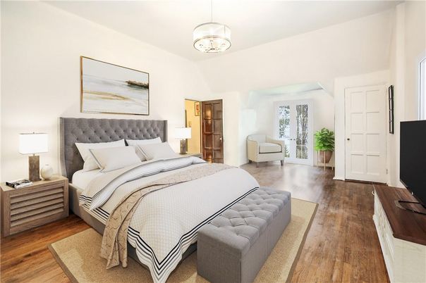 Bedroom, Interior, Pendant Lights, Wood Texture Flooring