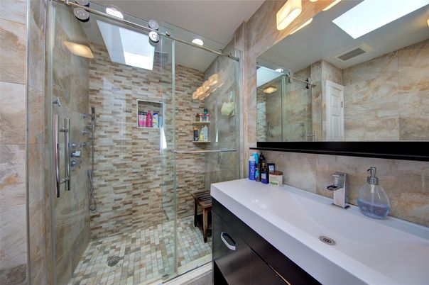 Bathroom, Glass Shower, Interior, Recessed Lighting, Stone Walls
