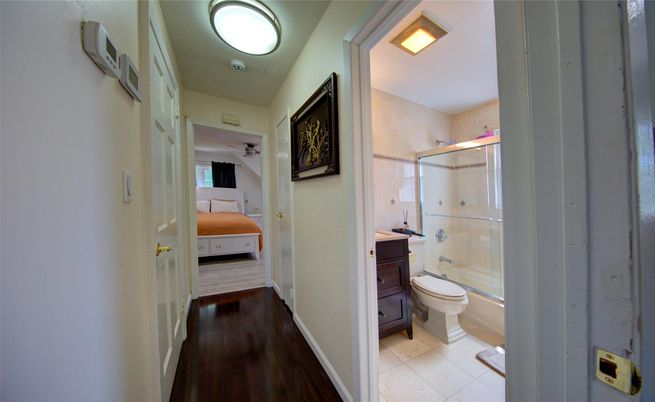 Bathroom, Glass Shower, Interior, Wood Texture Flooring