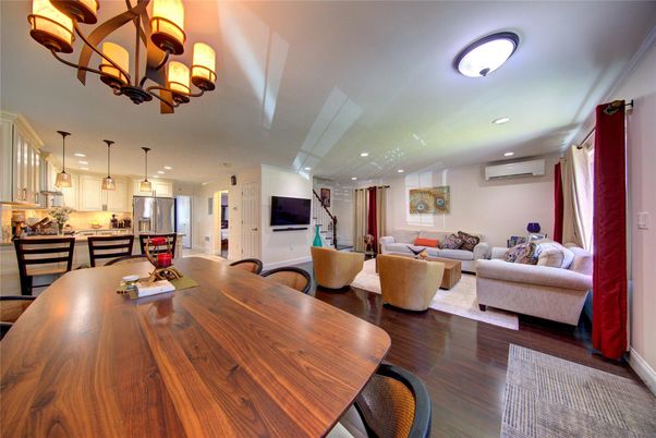 Dining room, Interior, Kitchen, Living room, Pendant Lights, Recessed Lighting, Stainless Steel Appliances, Wood Texture Flooring