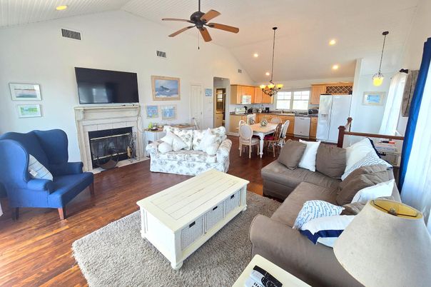 Dining room, Fireplace, Interior, Kitchen, Living room, Pendant Lights, Recessed Lighting, Wood Texture Flooring