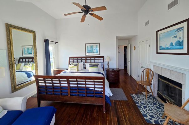 Bedroom, Fireplace, Interior, Wood Texture Flooring