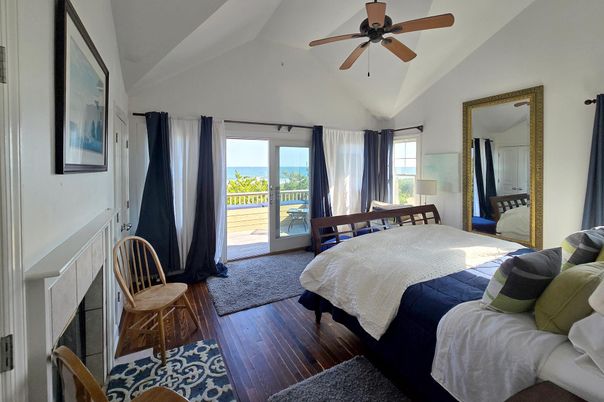 Bedroom, Fireplace, Interior, Water, Wood Texture Flooring
