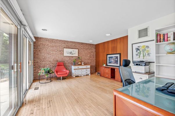 Home Office, Interior, Recessed Lighting, Stone Walls, Wood Texture Flooring, Wooden Walls