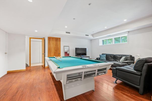 Billiard Table, Game Room, Interior, Recessed Lighting, Wood Texture Flooring