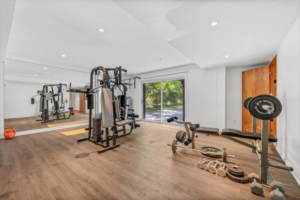 Fitness Equipment, Gym, Interior, Recessed Lighting, Wood Texture Flooring