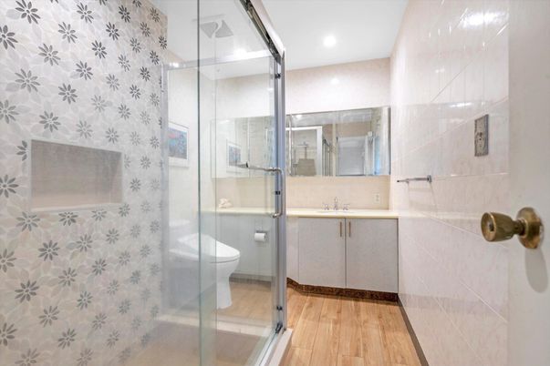 Bathroom, Glass Shower, Interior, Recessed Lighting, Wood Texture Flooring
