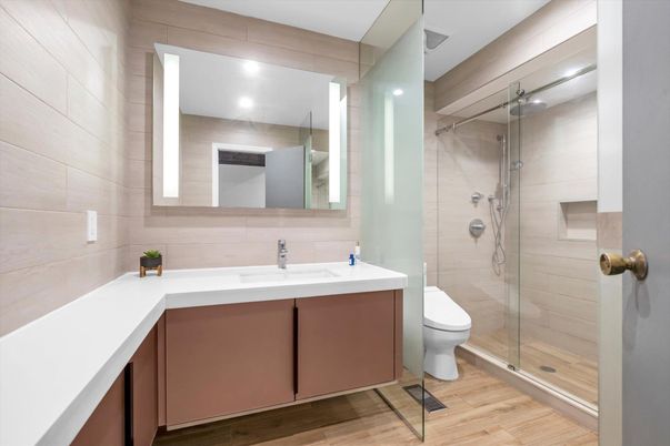 Bathroom, Glass Shower, Interior, Recessed Lighting, Wood Texture Flooring