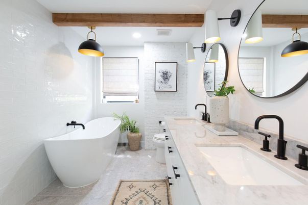 Bathroom, Dual Sink Vanities, Free Standing Baths, Interior, Pendant Lights, Recessed Lighting, Wooden Beams