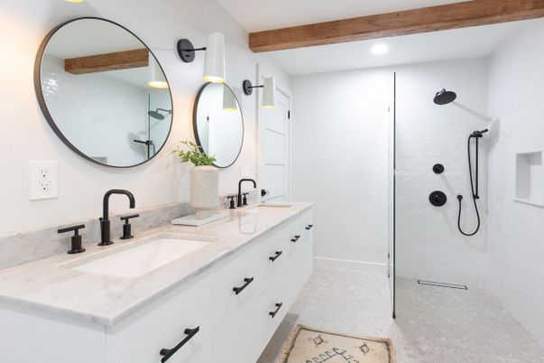 Bathroom, Dual Sink Vanities, Glass Shower, Interior, Recessed Lighting, Wooden Beams