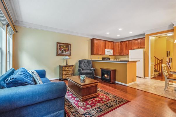 Fireplace, Interior, Kitchen, Living room, Recessed Lighting, Wood Texture Flooring