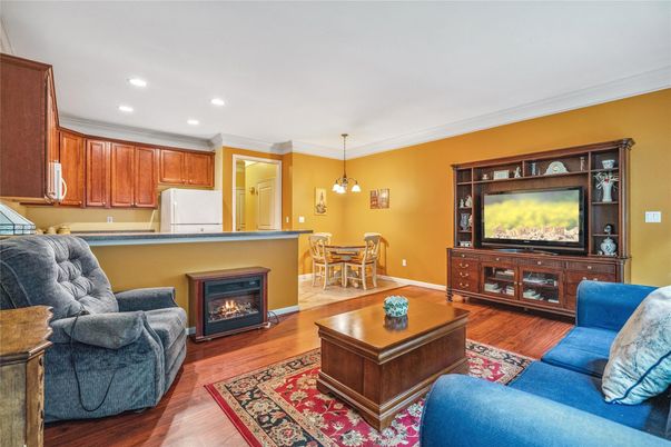 Dining room, Fireplace, Interior, Kitchen, Living room, Pendant Lights, Recessed Lighting, Wood Texture Flooring