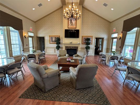 Chandelier, Dining room, Fireplace, Interior, Living room, Recessed Lighting, Wood Texture Flooring