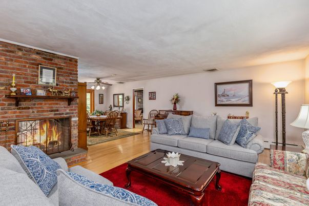 Dining room, Fireplace, Interior, Living room, Stone Walls, Wood Texture Flooring