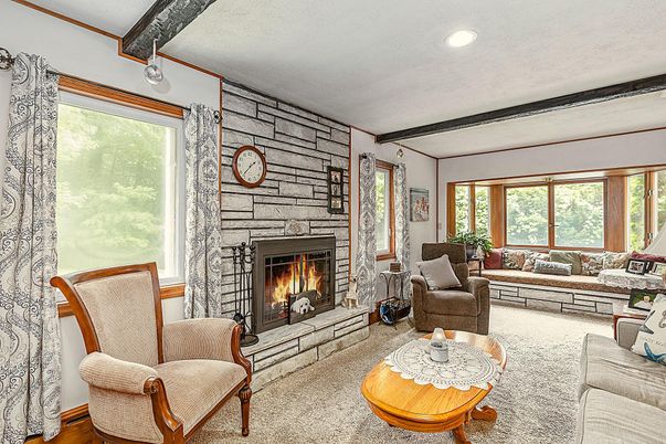 Fireplace, Interior, Living room, Recessed Lighting, Stone Walls