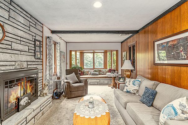 Fireplace, Interior, Living room, Recessed Lighting, Stone Walls, Wooden Walls