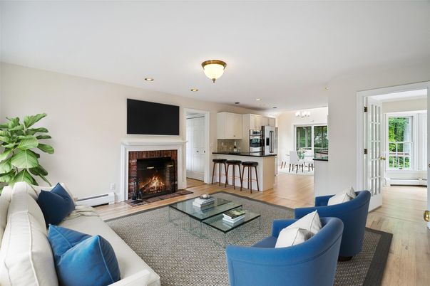 Fireplace, Interior, Kitchen, Living room, Recessed Lighting, Wood Texture Flooring