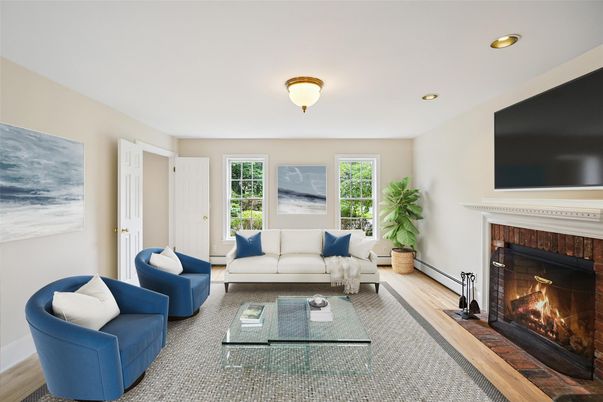 Fireplace, Interior, Living room, Recessed Lighting, Wood Texture Flooring