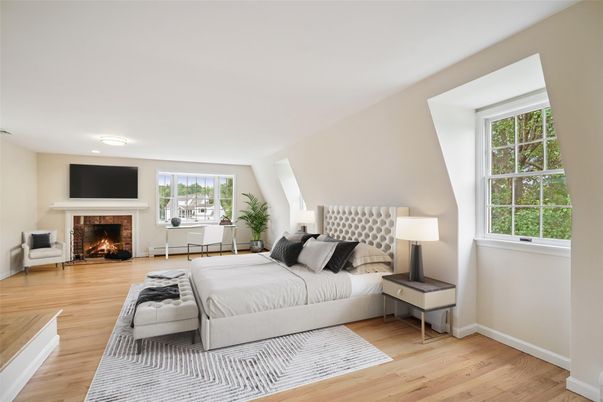 Bedroom, Fireplace, Interior, Wood Texture Flooring